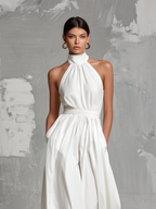 Damen-Jumpsuit aus Baumwollleinen mit Neckholder, hoher Taille und weitem Bein