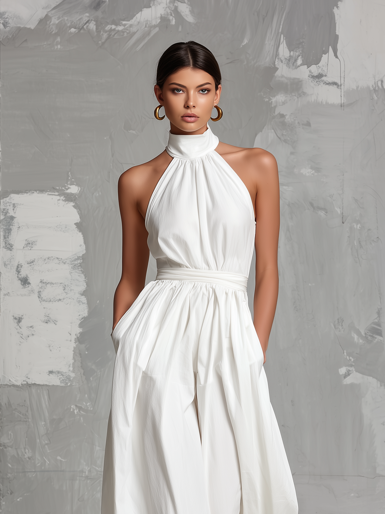 Cotton Linen Halter Neck Jumpsuit with High Waist and Wide Leg Design for Women