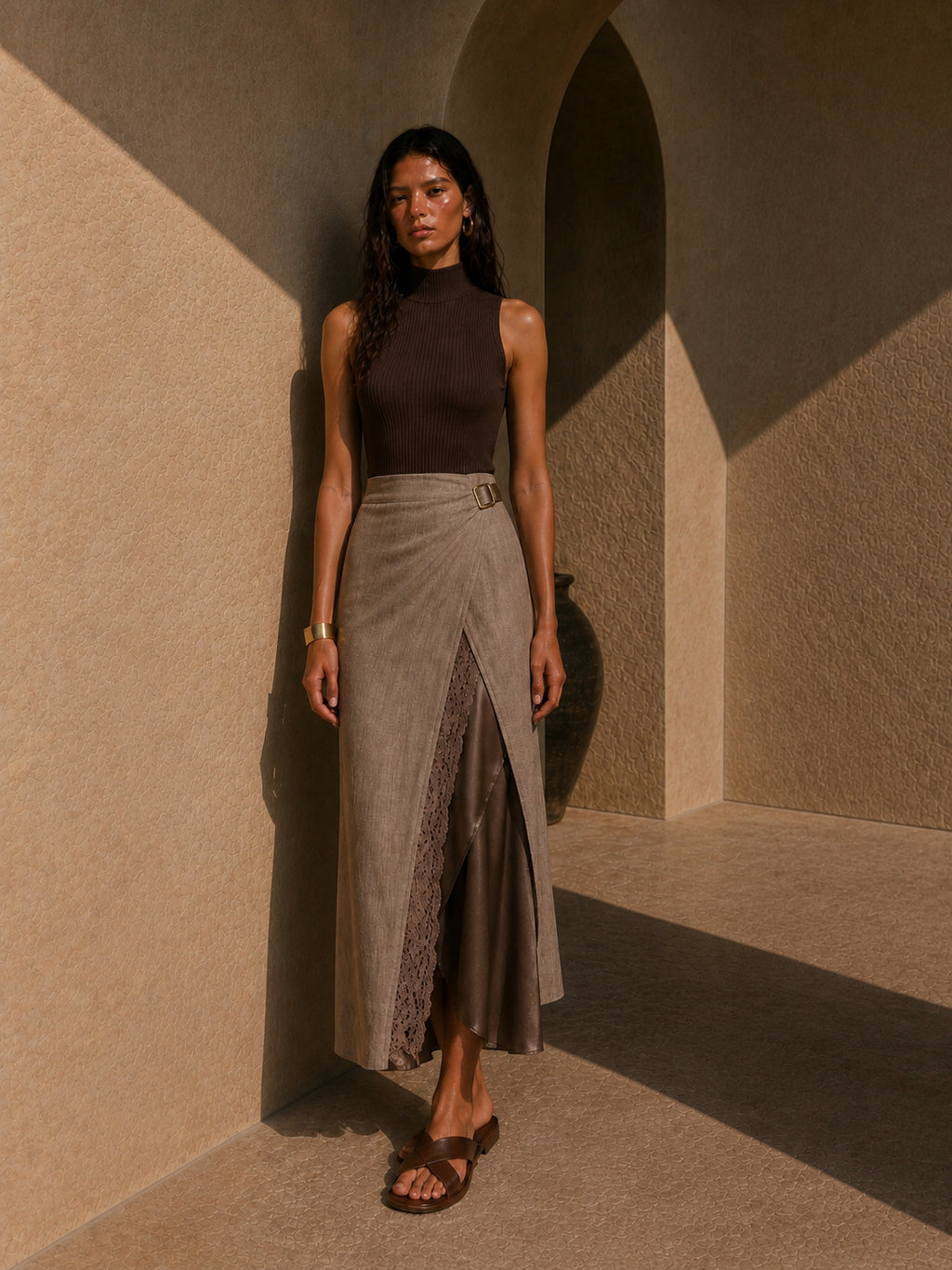 Lace Trim Layered Wrap Midi Skirt