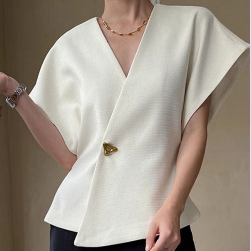 Asymmetric V-Neck Short Sleeve Blouse
