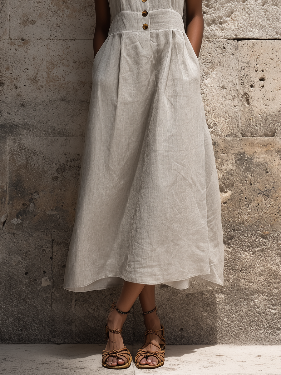 Linen Halter Neck Midi Dress with Button Front and Wide Belted Waist