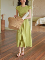 Textured Cotton High-Waist A-Line Midi Dress