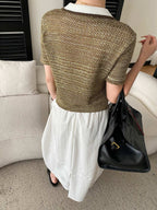 Contrast-Collar Pointelle Knit Polo