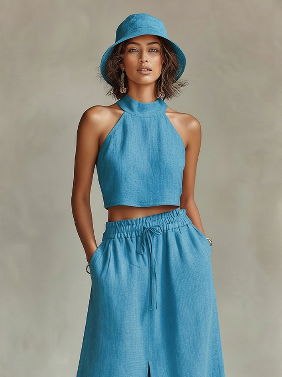 Linen Two-Piece Set Women's Crop Top and Maxi Skirt Set Summer Boho Outfit High Neck Sleeveless Wide Leg Split Front Long Skirt