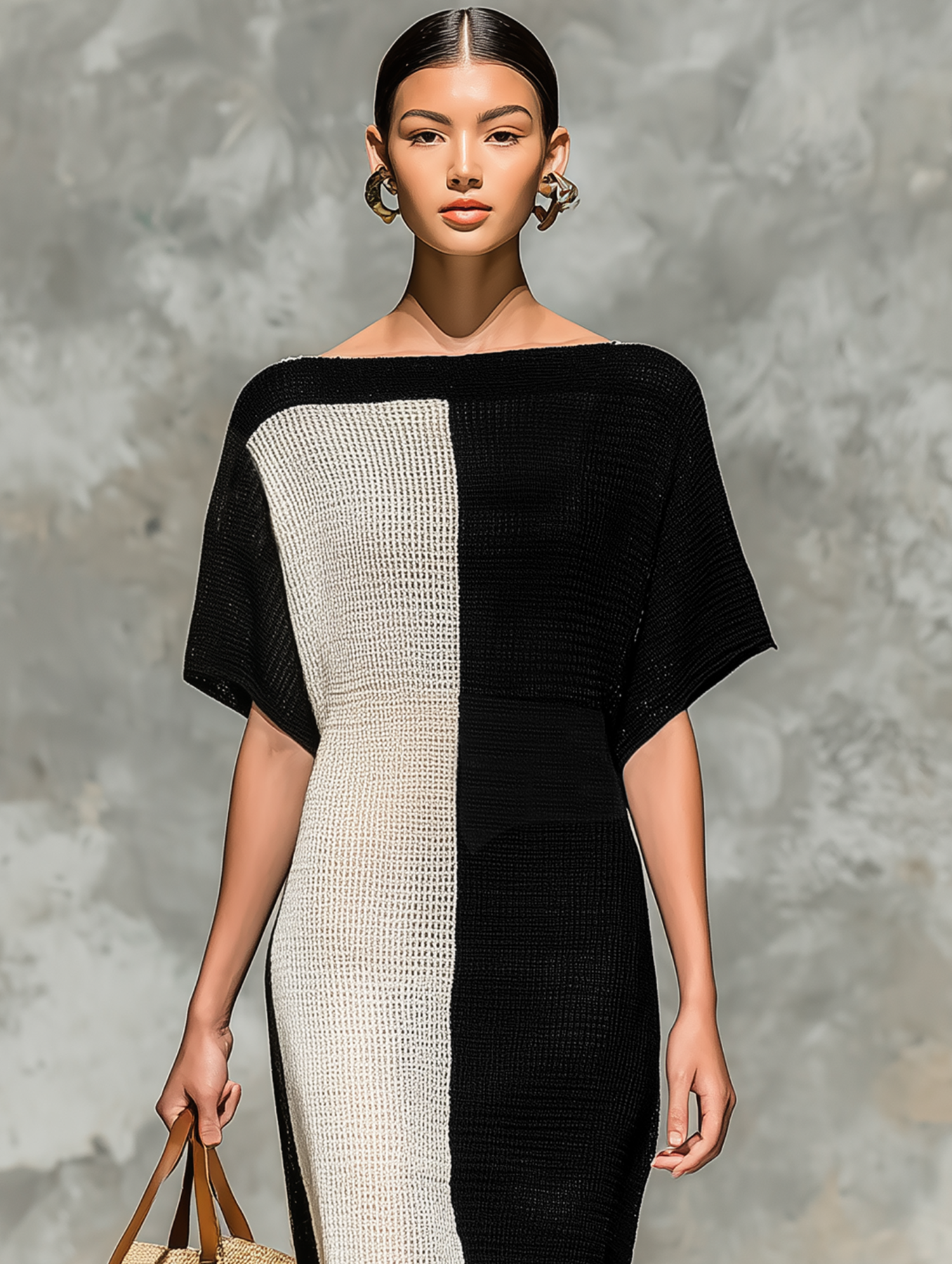 Knitted Cotton Blend Color-Block Midi Dress with Off-Shoulder Design