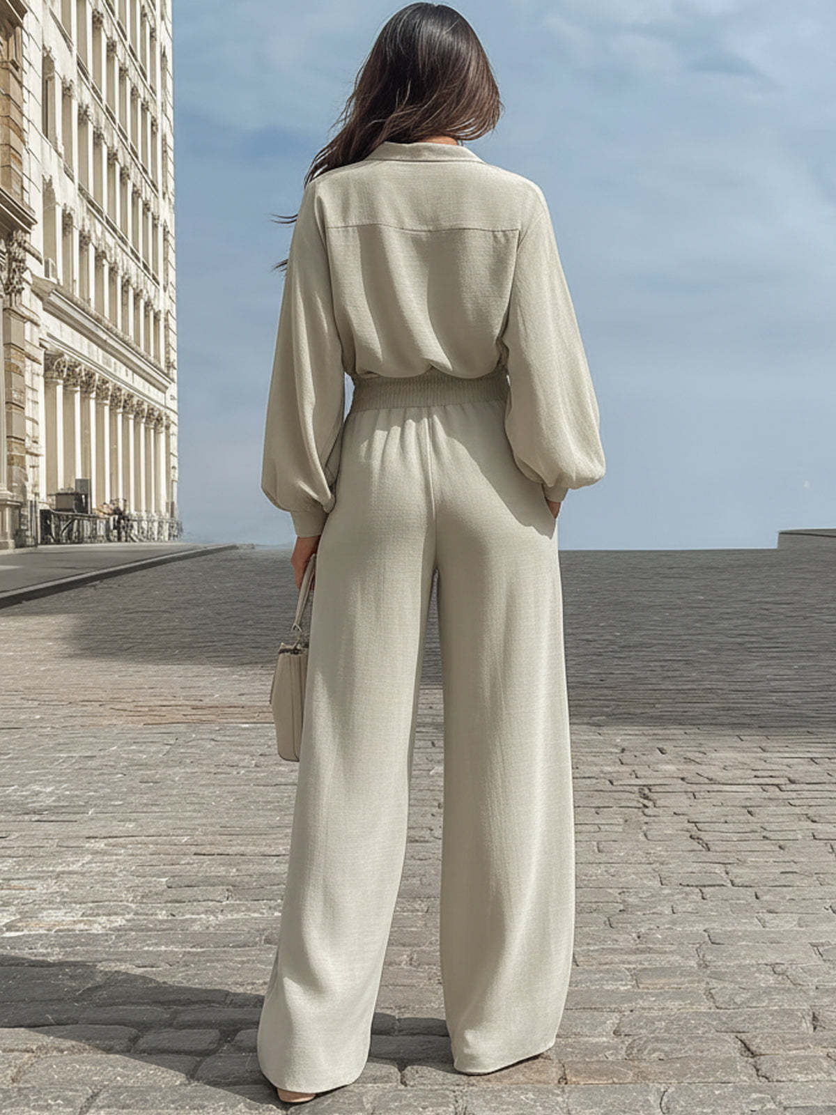 Lantern Sleeve V-neck Top And Wide-leg Pants Linen Set