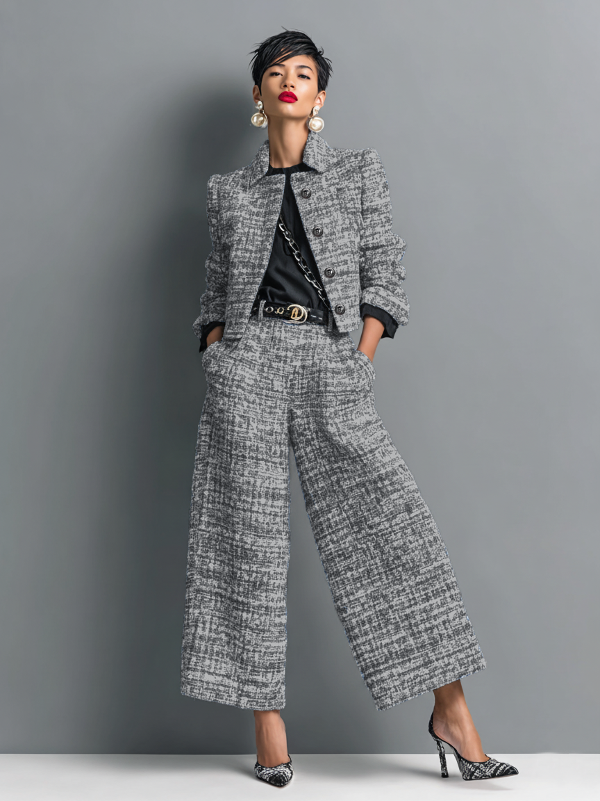 Tweed Wool Blend Wide Leg Pants & Blazer Set for Women - Stylish Office Workwear with Plaid Pattern and Belted Design