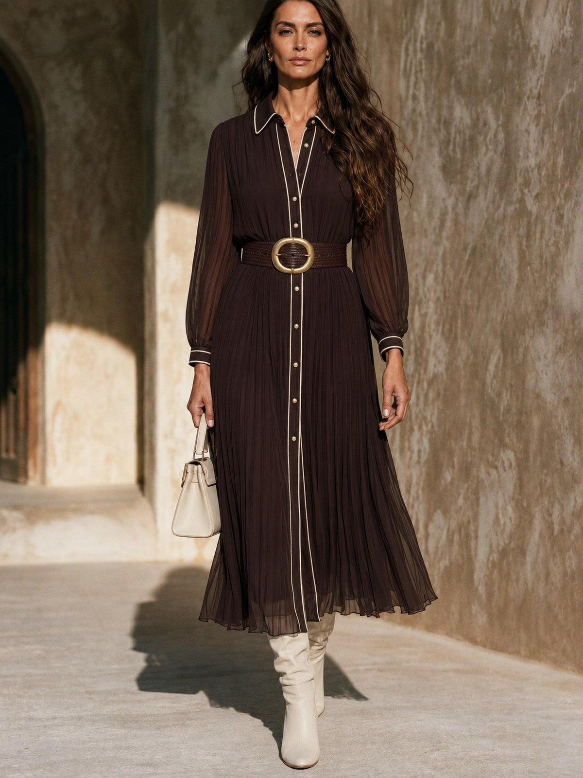 Pleated Belted Maxi Shirt Dress