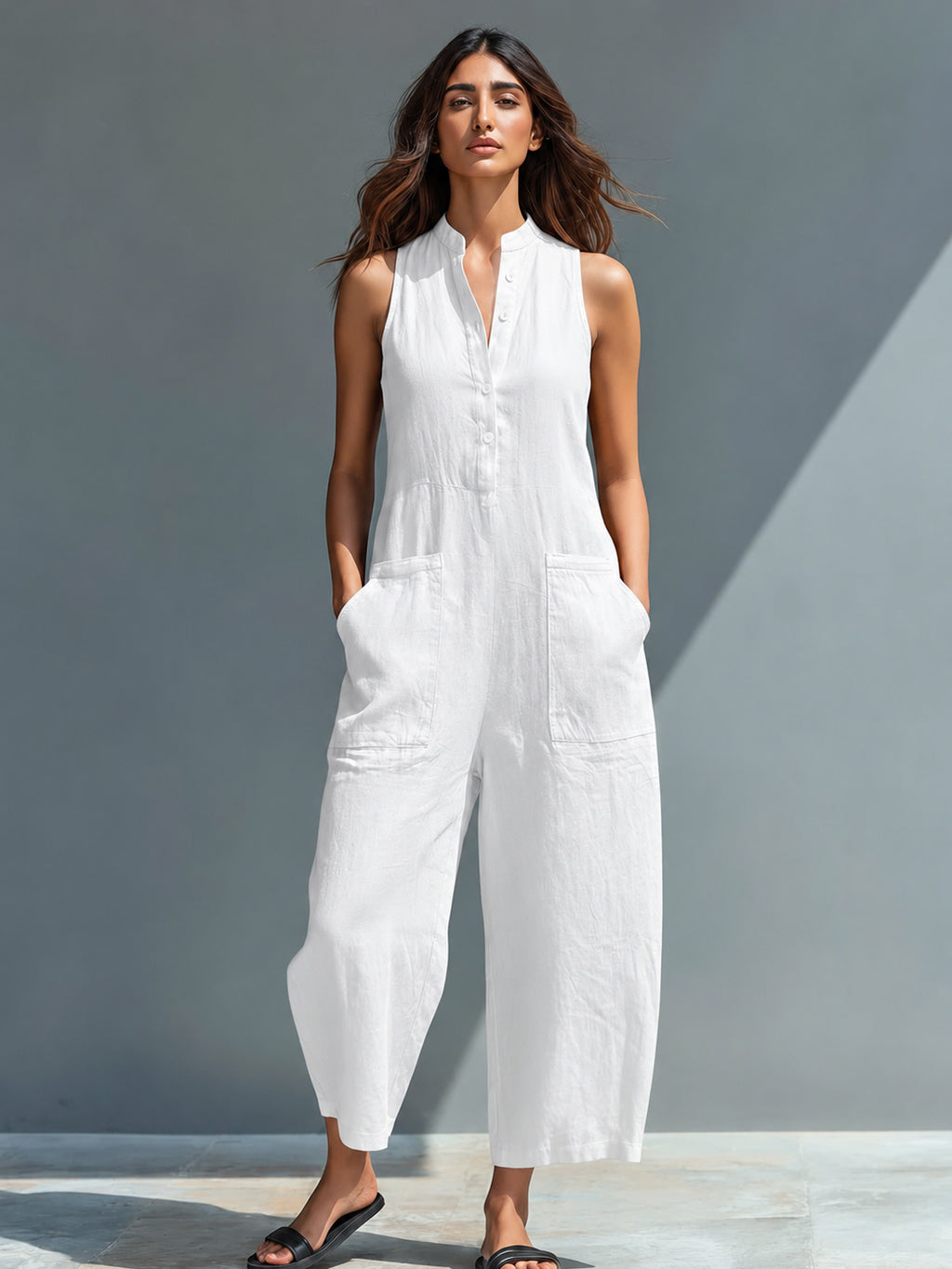 Linen Sleeveless Button Front Jumpsuit