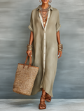 Linen Long Shirt Dress for Women - Flowy Maxi Dress with Button Front and Roll-Up Sleeves