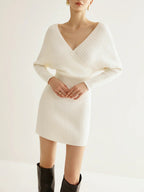 Crisscross V-Neck Batwing Sleeve Knit Bodycon Dress