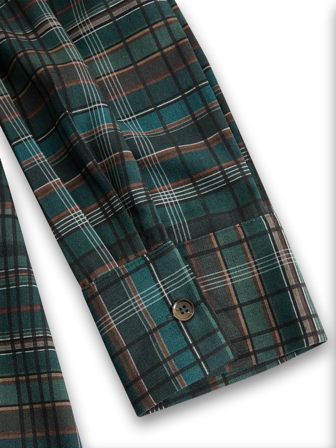 Cotton Plaid Long Shirt Dress with Button-Down Front and Deep V-Neckline