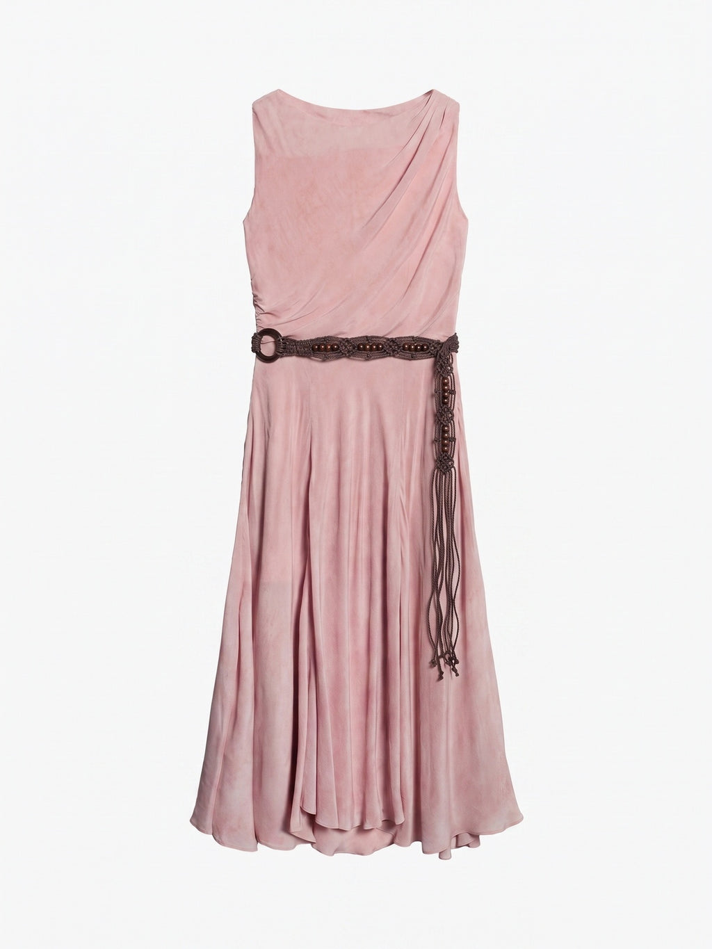 Gathered Split-Neck Tie-Waist Midi Dress