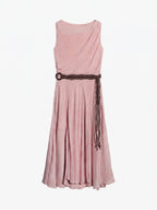 Gathered Split-Neck Tie-Waist Midi Dress