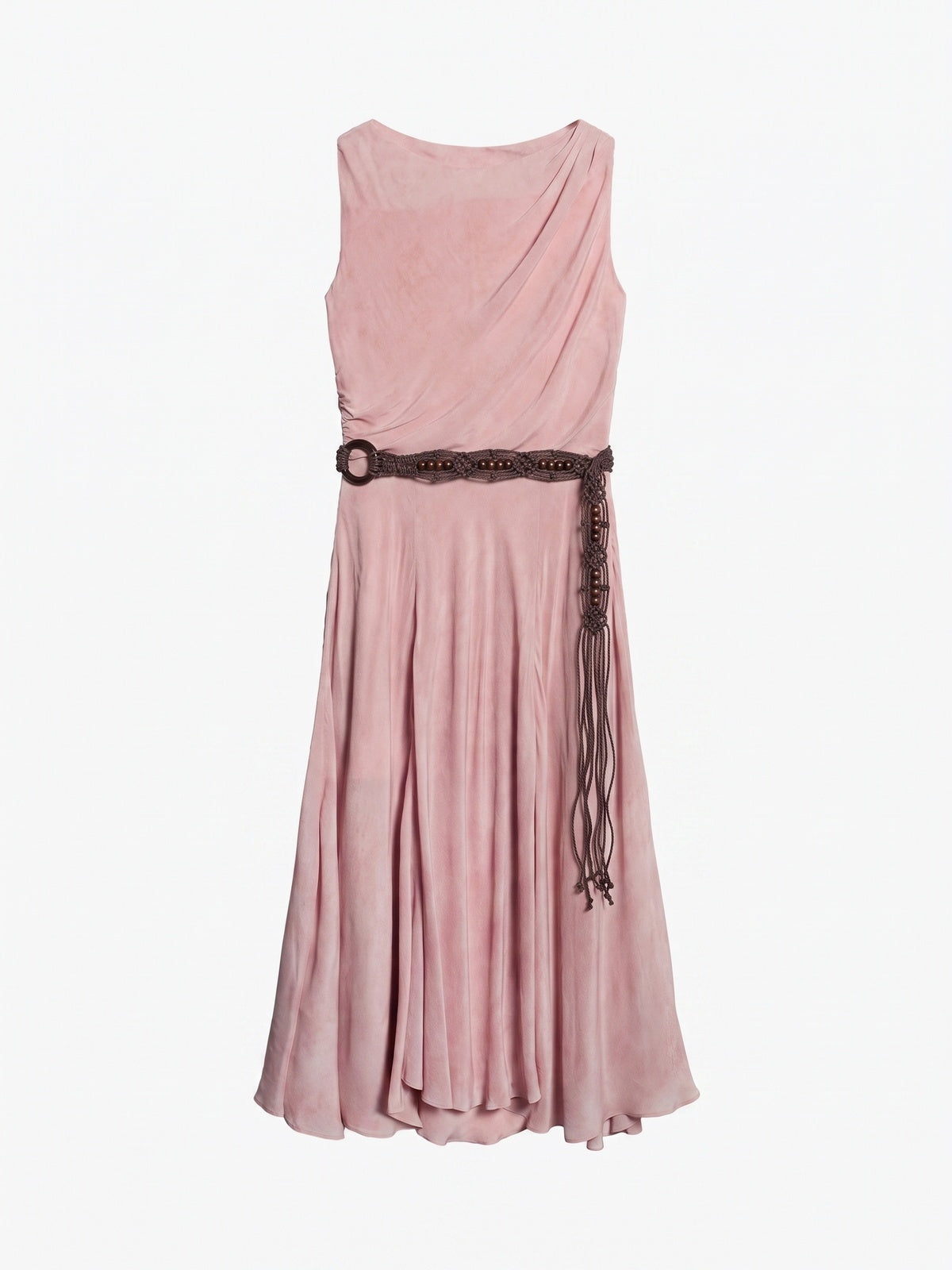 Gathered Split-Neck Tie-Waist Midi Dress