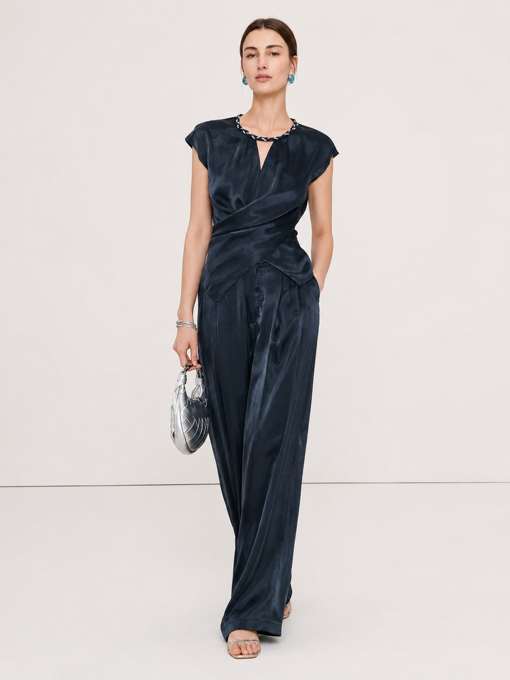 Braided Trim Wide-Leg Trouser Set