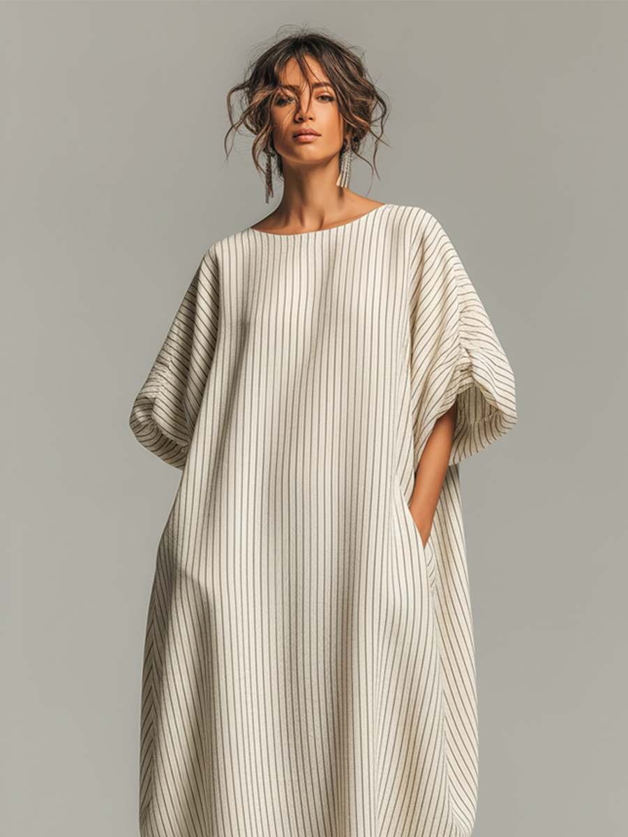Cotton Linen Striped Loose Fit Maxi Dress with Wide Sleeves and Side Pockets