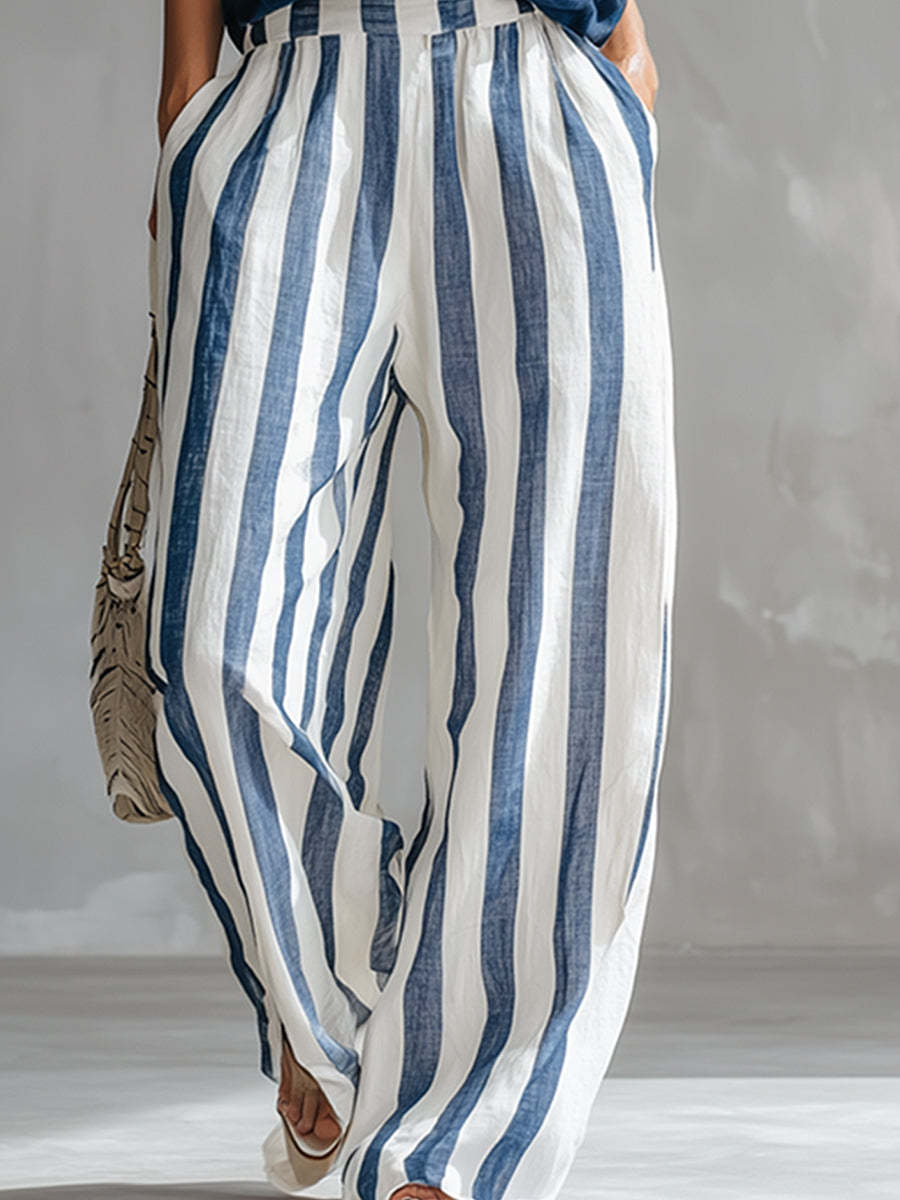 Blue Striped Linen Wide Leg Pants