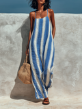 Linen Striped Maxi Dress for Women Summer Boho Beach Vacation Outfit Long Sleeveless Loose Flowy Casual Dress