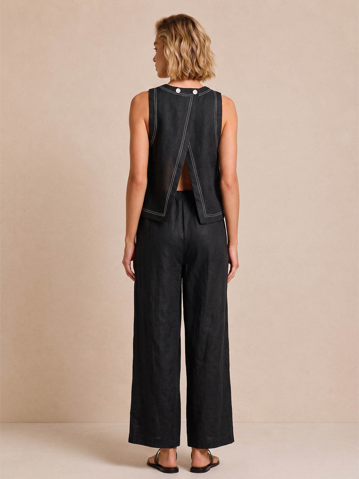Linen-Blend Sleeveless Top & Wide-Leg Pants Set with Contrast Stitching