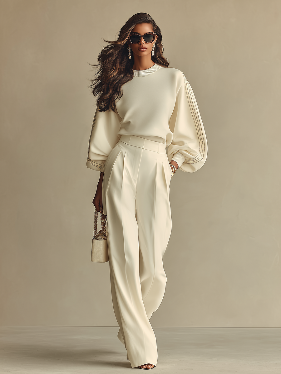 Soft Knit Cream Wide Sleeve Sweater with High Waist Pleated Trousers Set