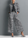 Tweed Wool Blend Wide Leg Pants & Blazer Set for Women - Stylish Office Workwear with Plaid Pattern and Belted Design