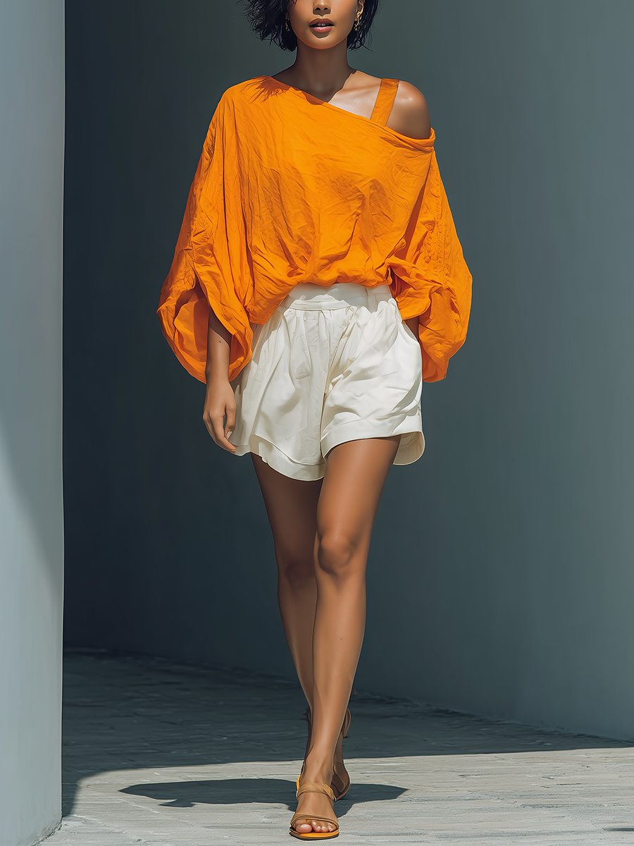 Cotton Blend Asymmetrical Off-Shoulder Top with Flowy Sleeve for Women