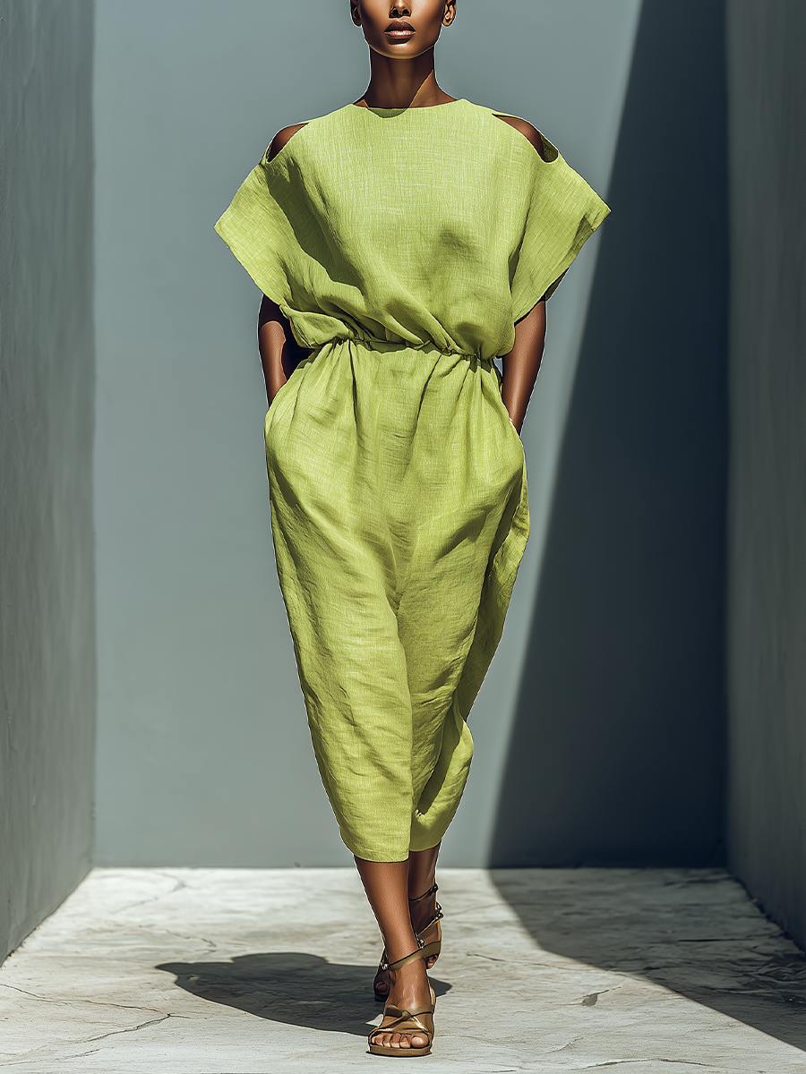 Linen Cold Shoulder Midi Dress with Elastic Waist and Wide Sleeve
