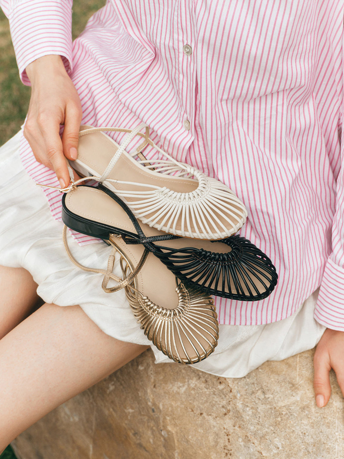 Strappy Patent Leather Flat Sandals – Woven Toe Detail