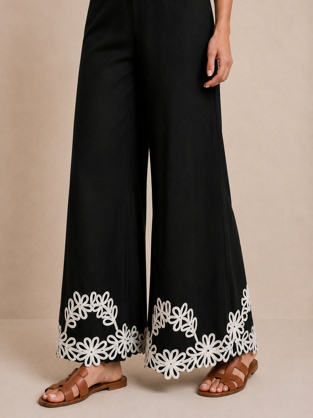 Floral Embroidered Vest & Wide Leg Pants Set