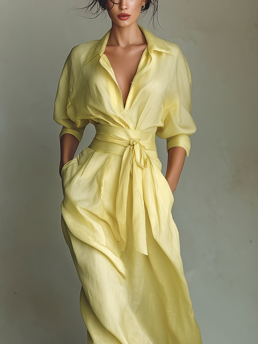 Silk Satin Wrap Maxi Dress with Belted Waist and Deep V-Neckline for Elegant Occasions