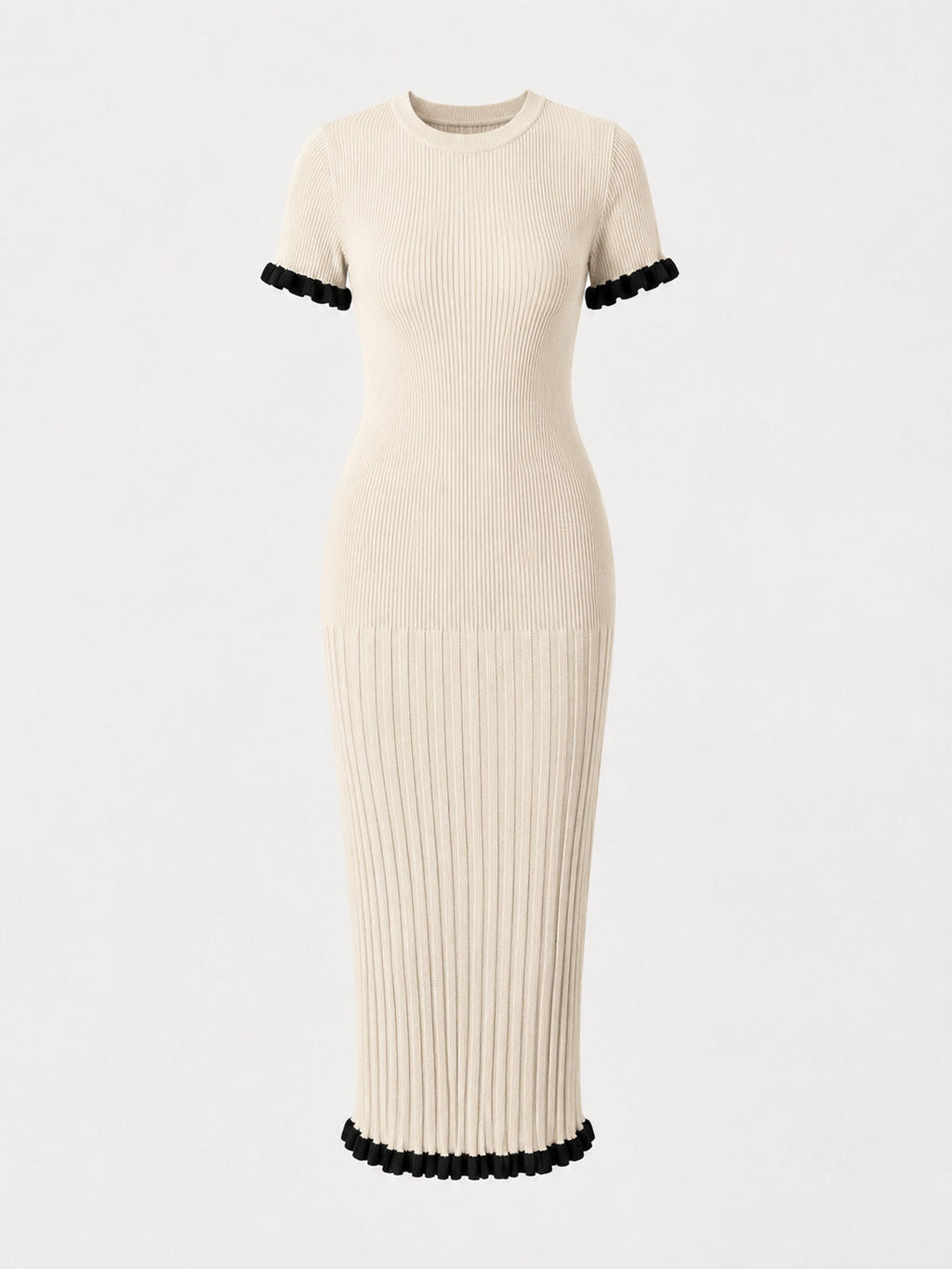 Ribbed Ruffle Trim Midi Bodycon Dress