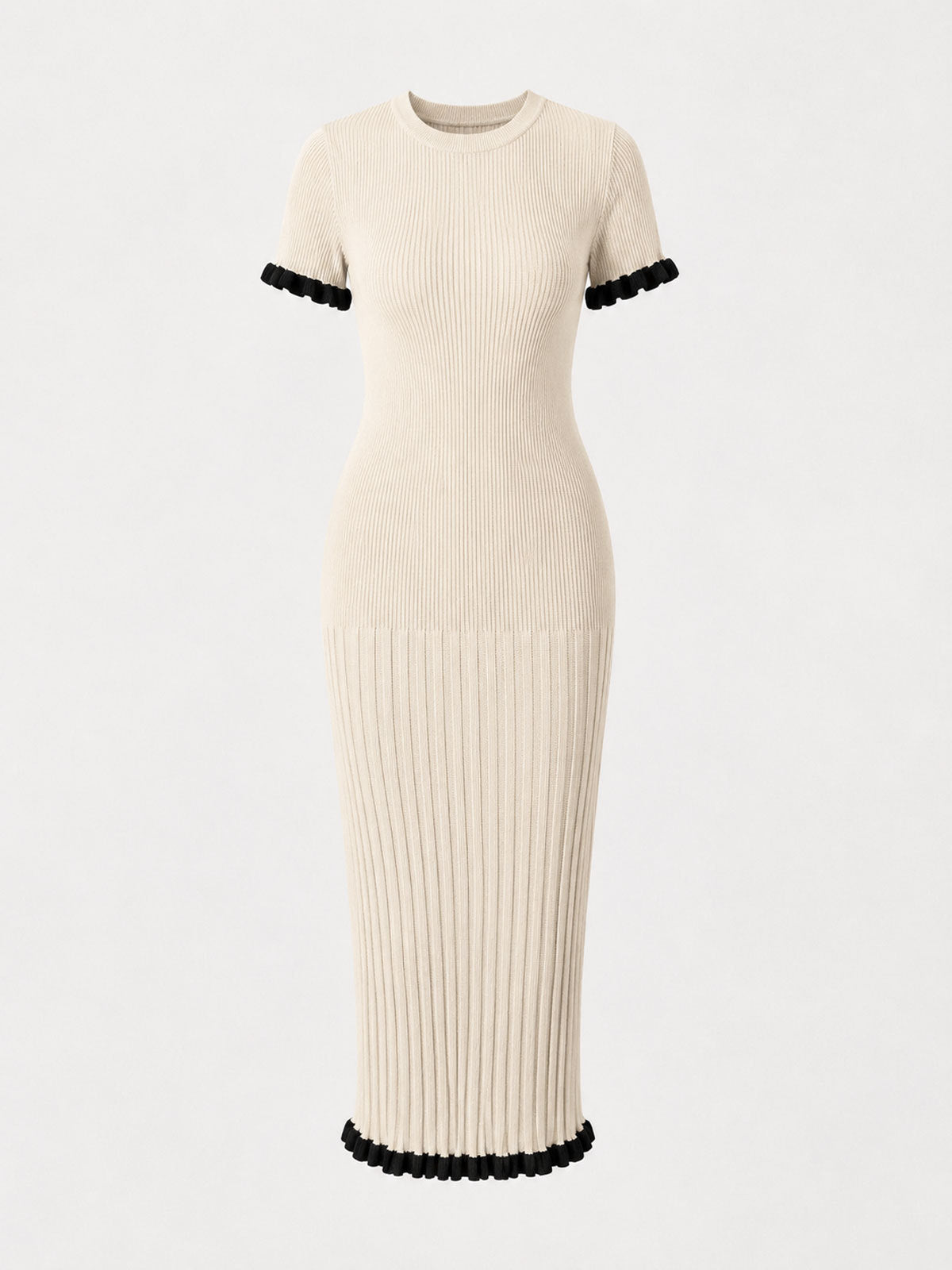 Ribbed Ruffle Trim Midi Bodycon Dress