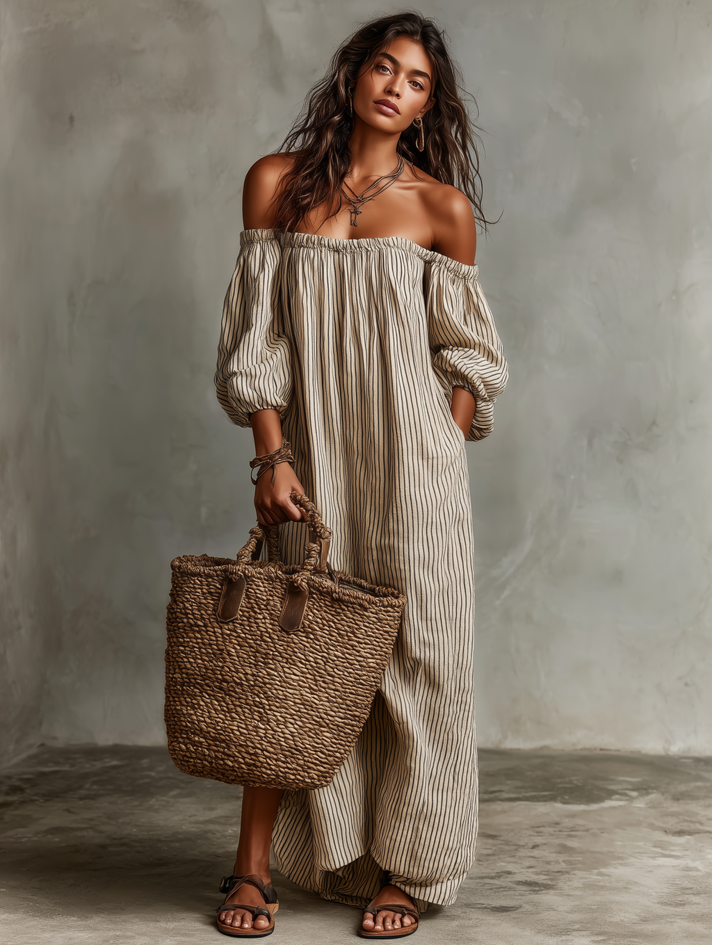 Linen Striped Off-Shoulder Maxi Dress with Puff Sleeves and Wide Leg Design