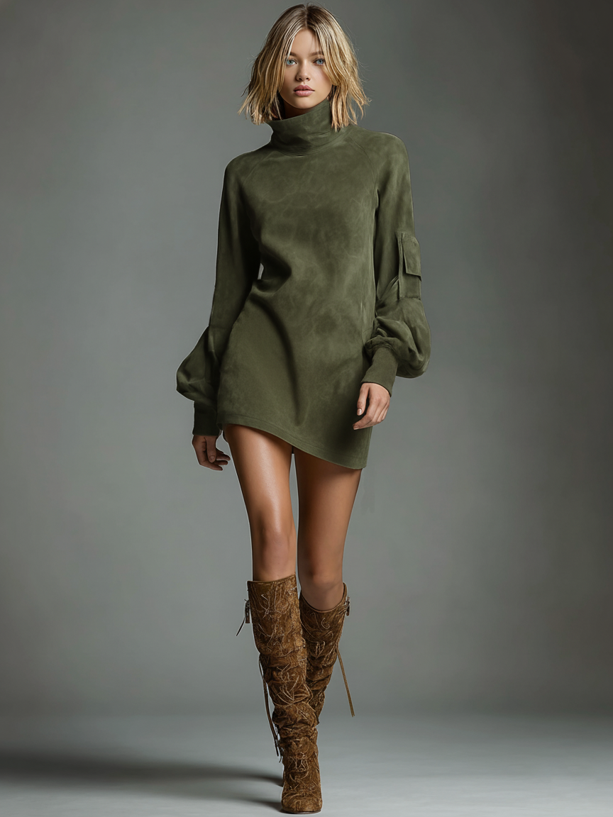 Suede Turtleneck Mini Dress with Puff Sleeves and Side Pockets