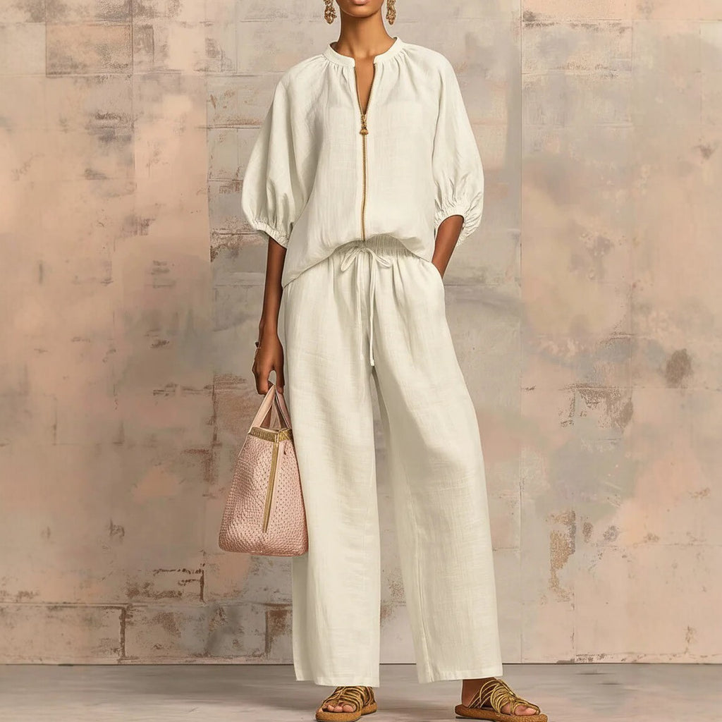 Linen Zip Up Blouse & Wide Leg Pants Two-Piece Set