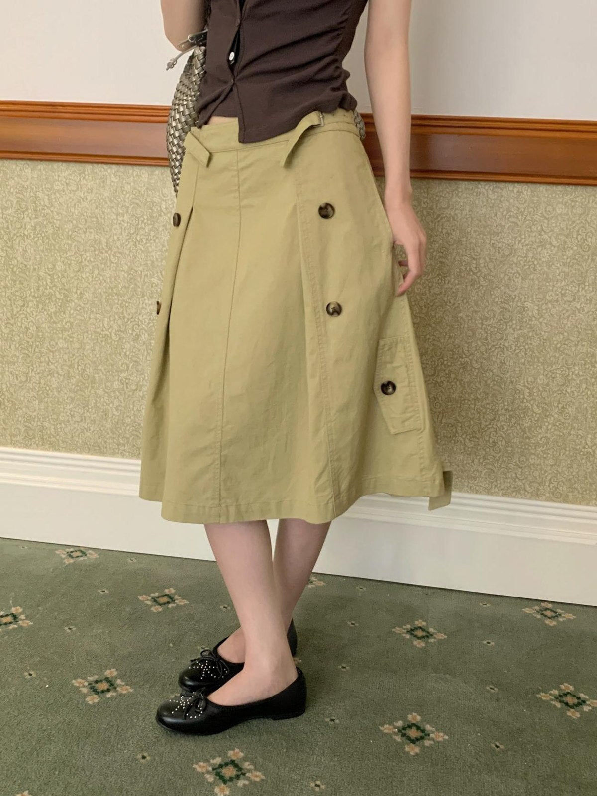 Button-Detail Cotton A-Line Midi Skirt