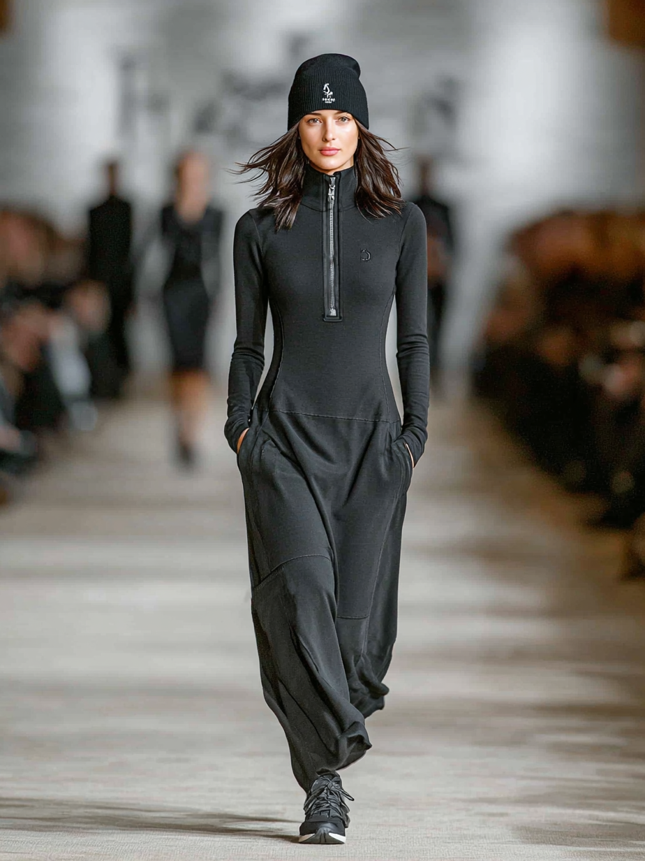 Organic Cotton Stretch Jumpsuit with Half-Zip Neckline and Wide Leg Design