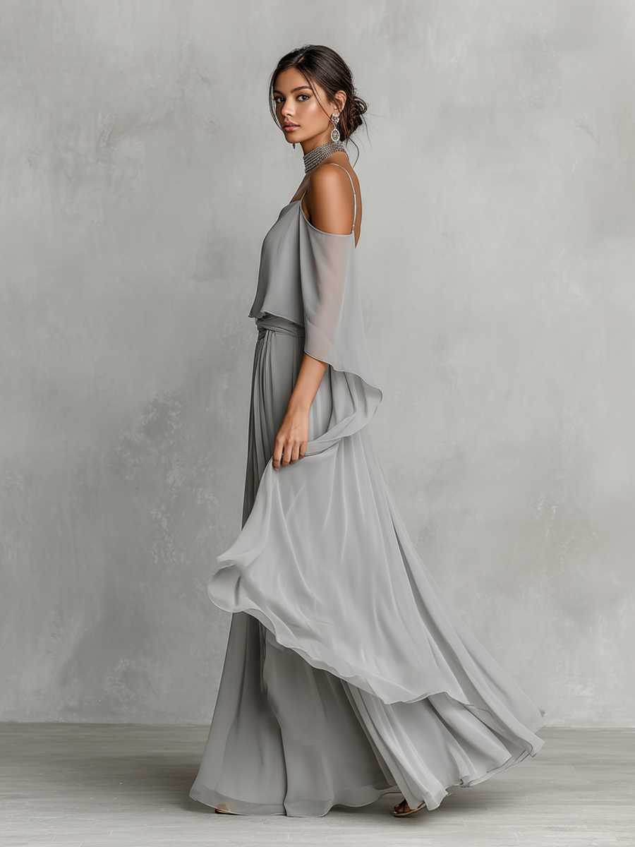 Chiffon Cold Shoulder Long Dress with Asymmetric Hem and Flowy Sleeve