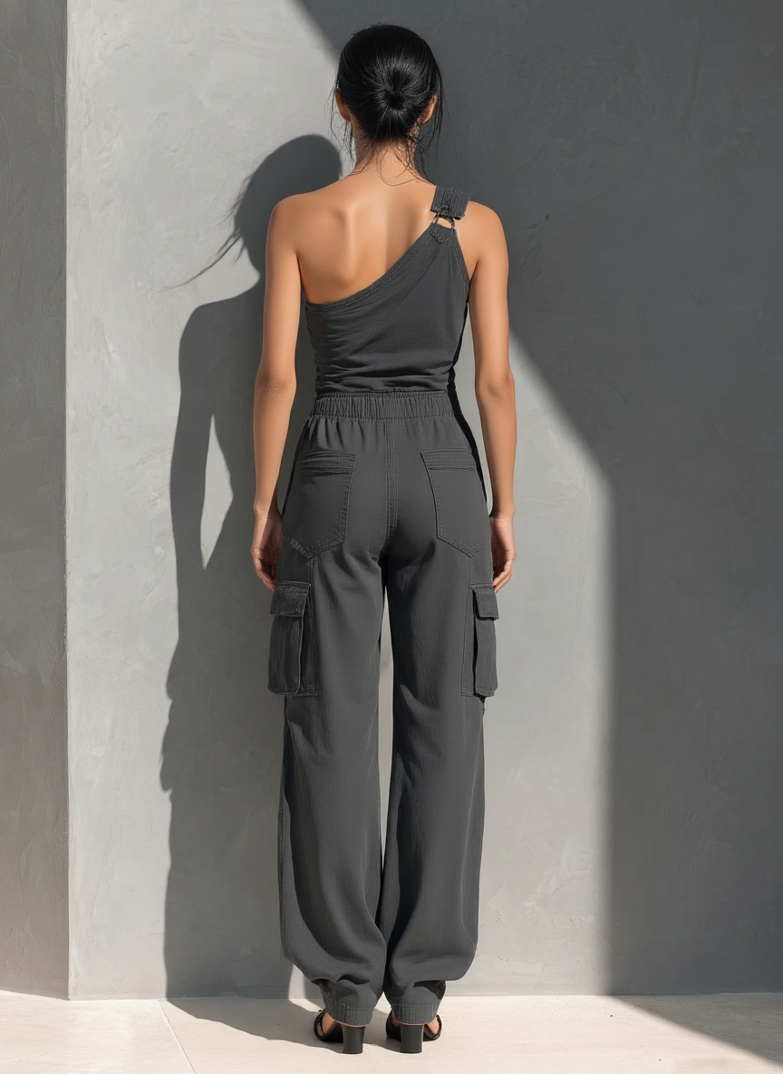 Cotton One-Shoulder Cargo Jumpsuit with Drawstring Waist and Multiple Pockets