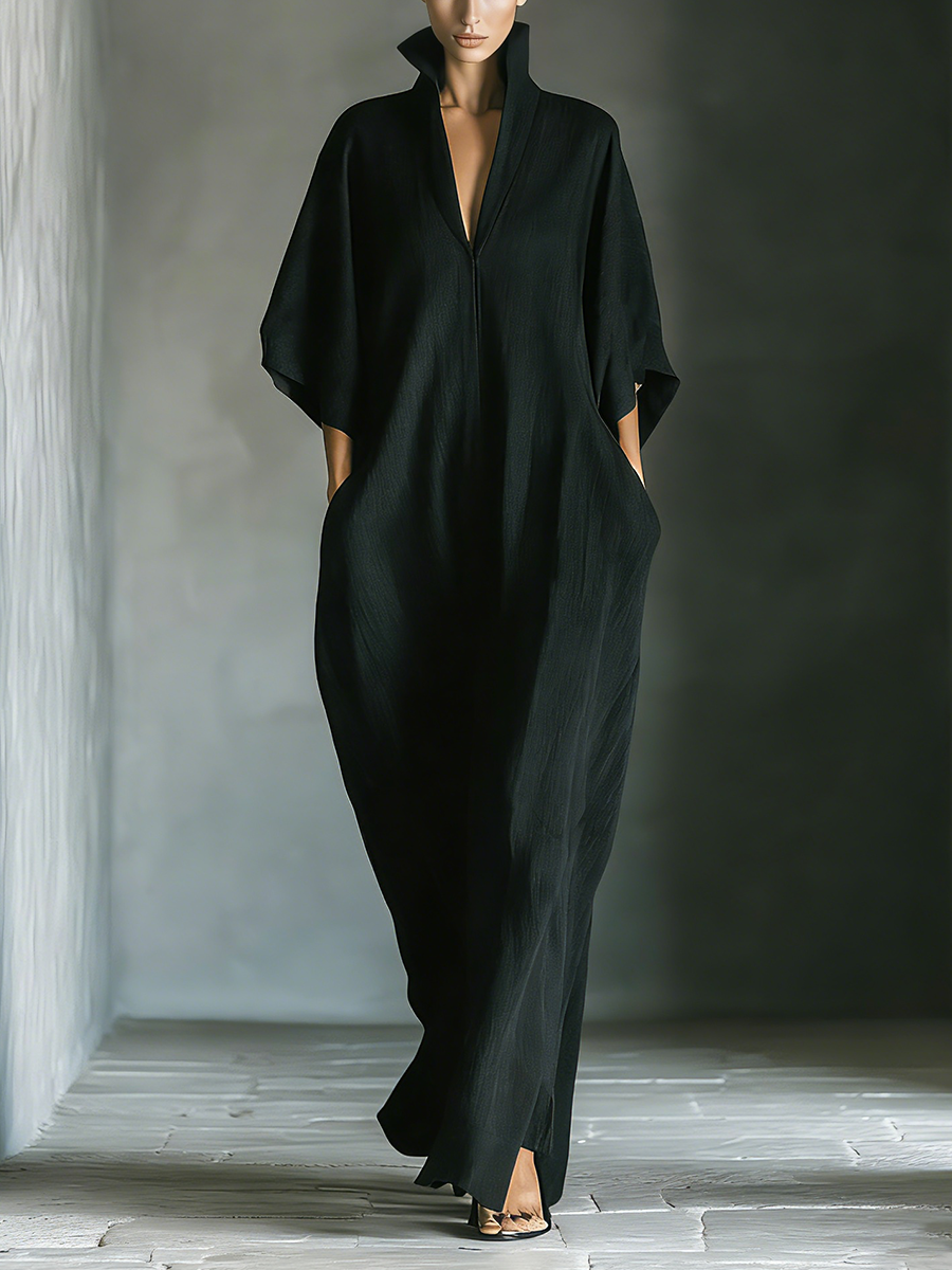 Linen Maxi Dress for Women - Elegant Long Flowy Cape Sleeve V-Neck Boho Style Black Robe Dress with Pockets