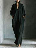 Linen Maxi Dress for Women - Elegant Long Flowy Cape Sleeve V-Neck Boho Style Black Robe Dress with Pockets