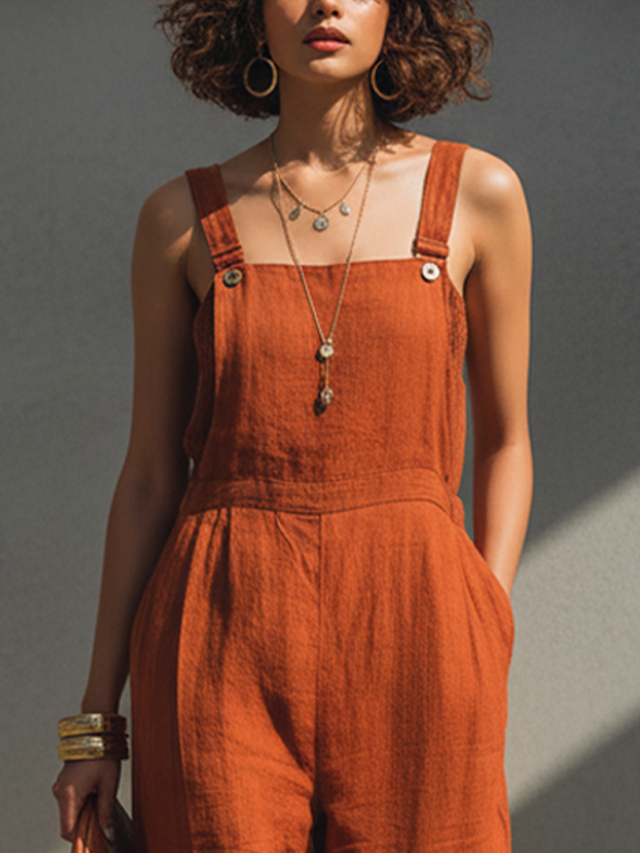 Linen Overalls Women Rust Color Sleeveless Jumpsuit Wide Leg Casual Summer Outfit Comfortable Breathable Dress