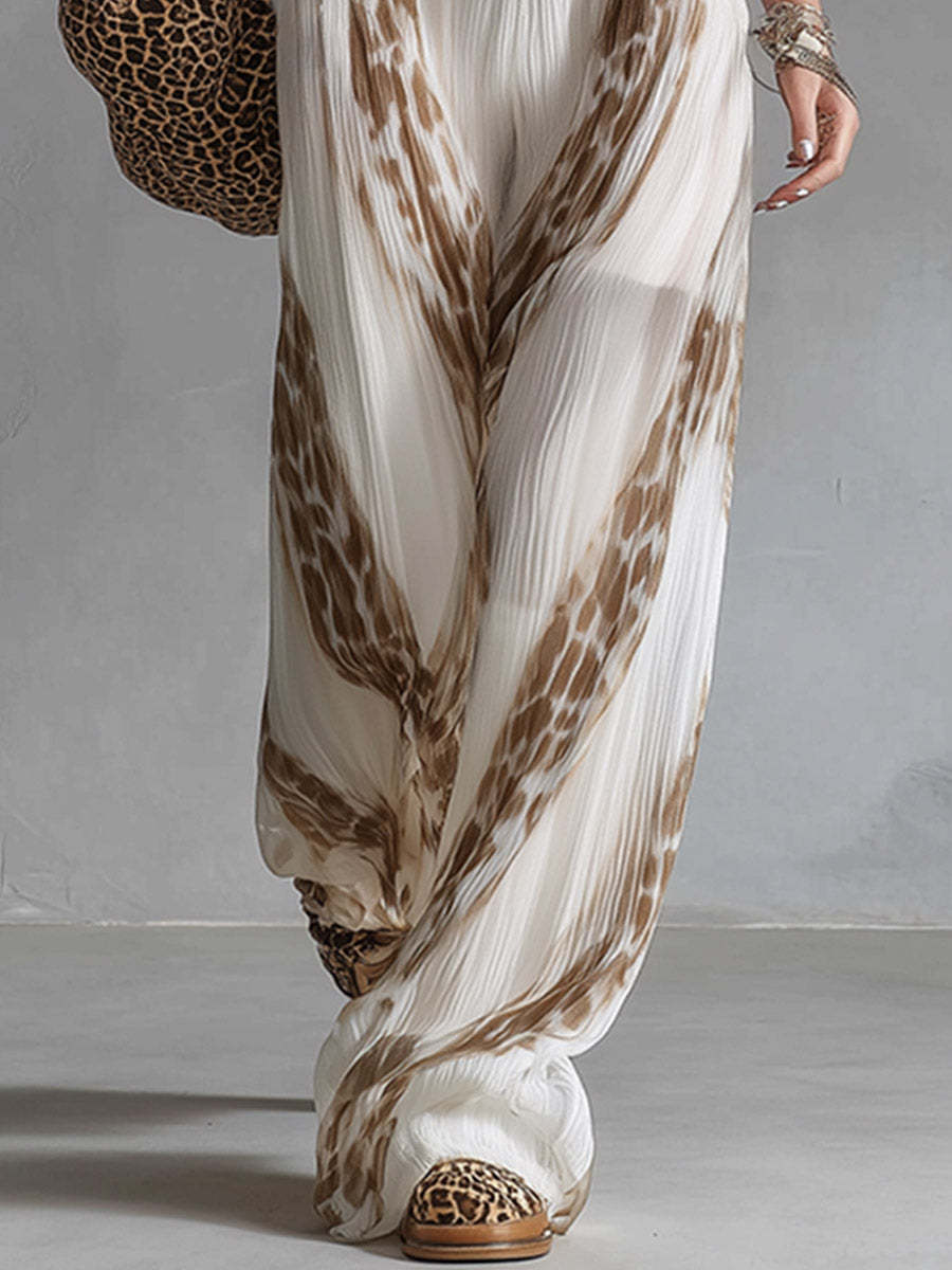 Tie Dye Print and Pleated Design Wide Leg Pants