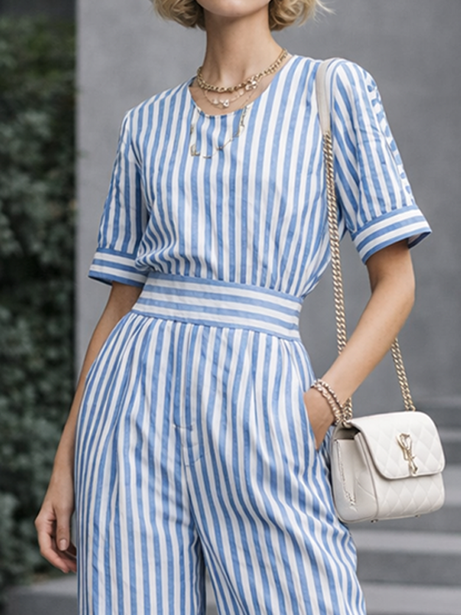 Cotton Striped Wide-Leg Jumpsuit with Short Sleeves and Elastic Waist for Women