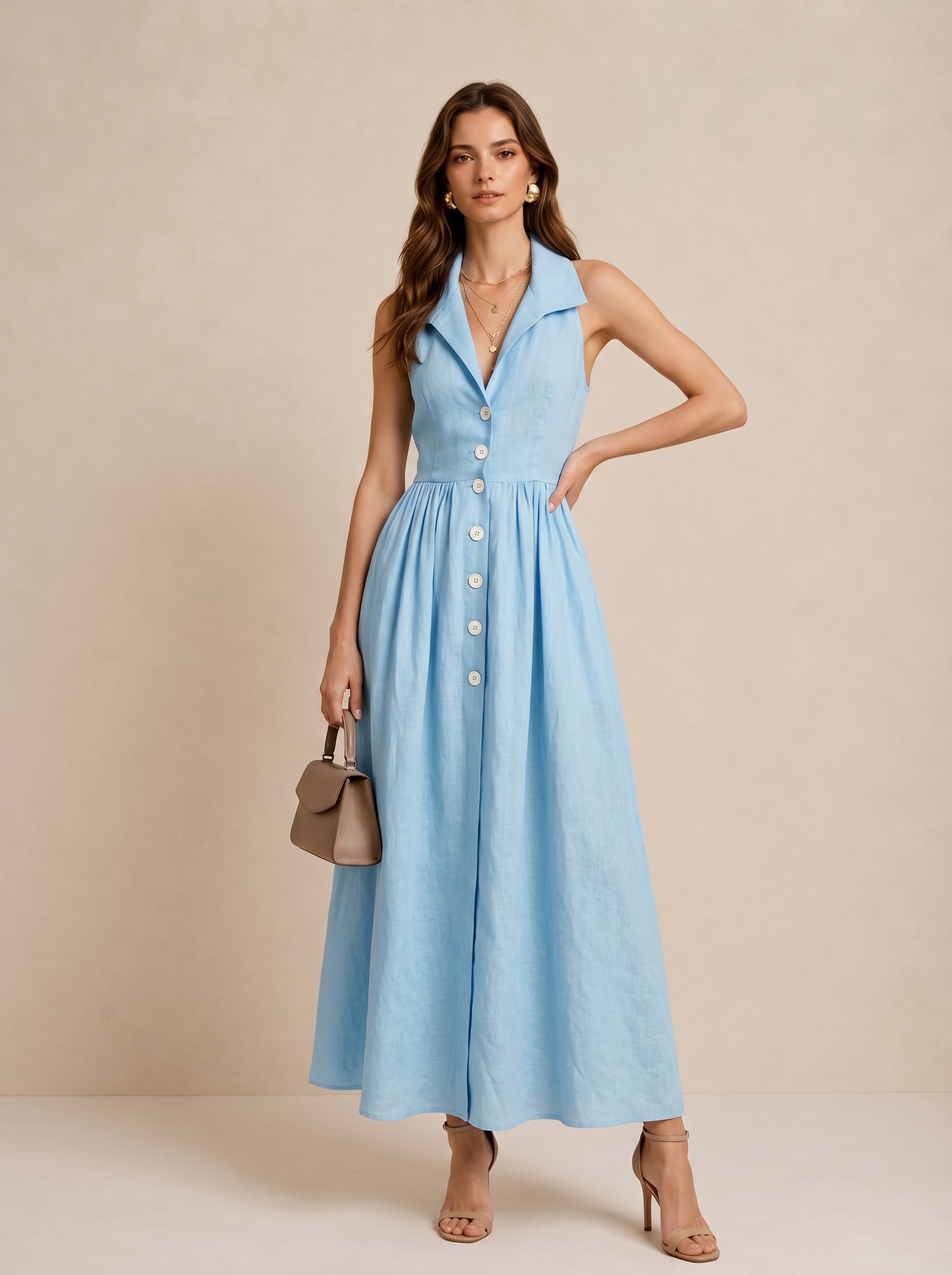 Light Blue Linen Sleeveless Button-Down Maxi Dress