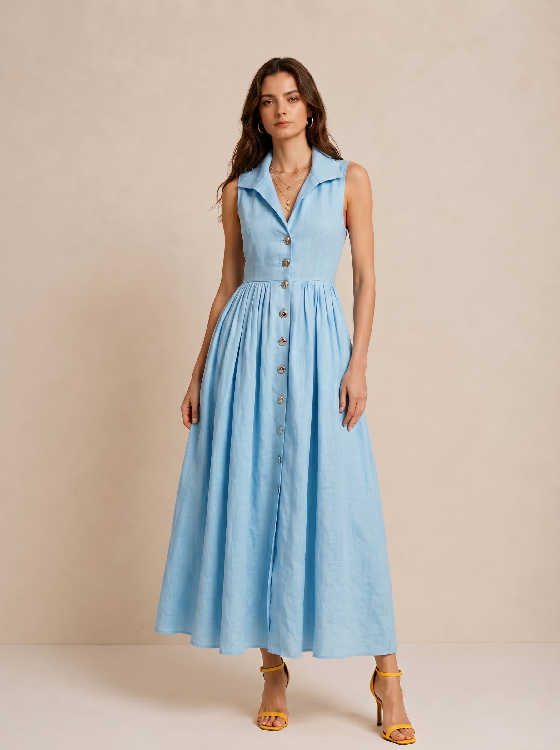 Light Blue Linen Sleeveless Button-Down Maxi Dress