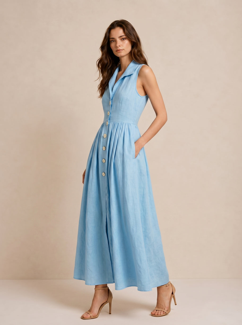 Light Blue Linen Sleeveless Button-Down Maxi Dress