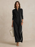 Cotton Blend Long Sleeve Maxi Dress with White Stripe Detailing - Casual Elegant Women's Fashion Dress