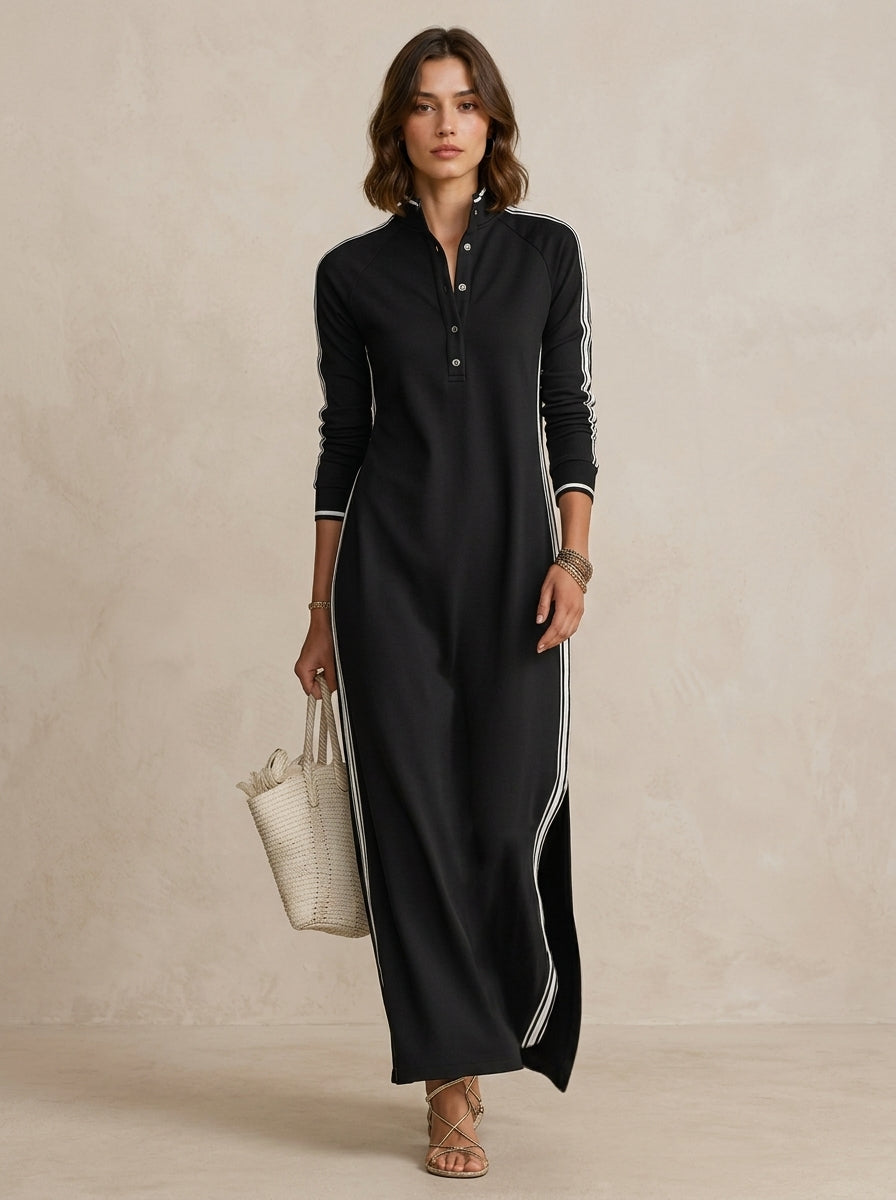 Cotton Blend Long Sleeve Maxi Dress with White Stripe Detailing - Casual Elegant Women's Fashion Dress